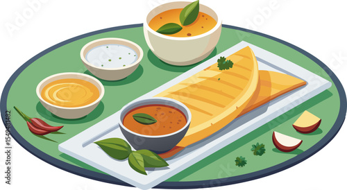 South Indian masala dosa with sambar and chutney bowls, white background 