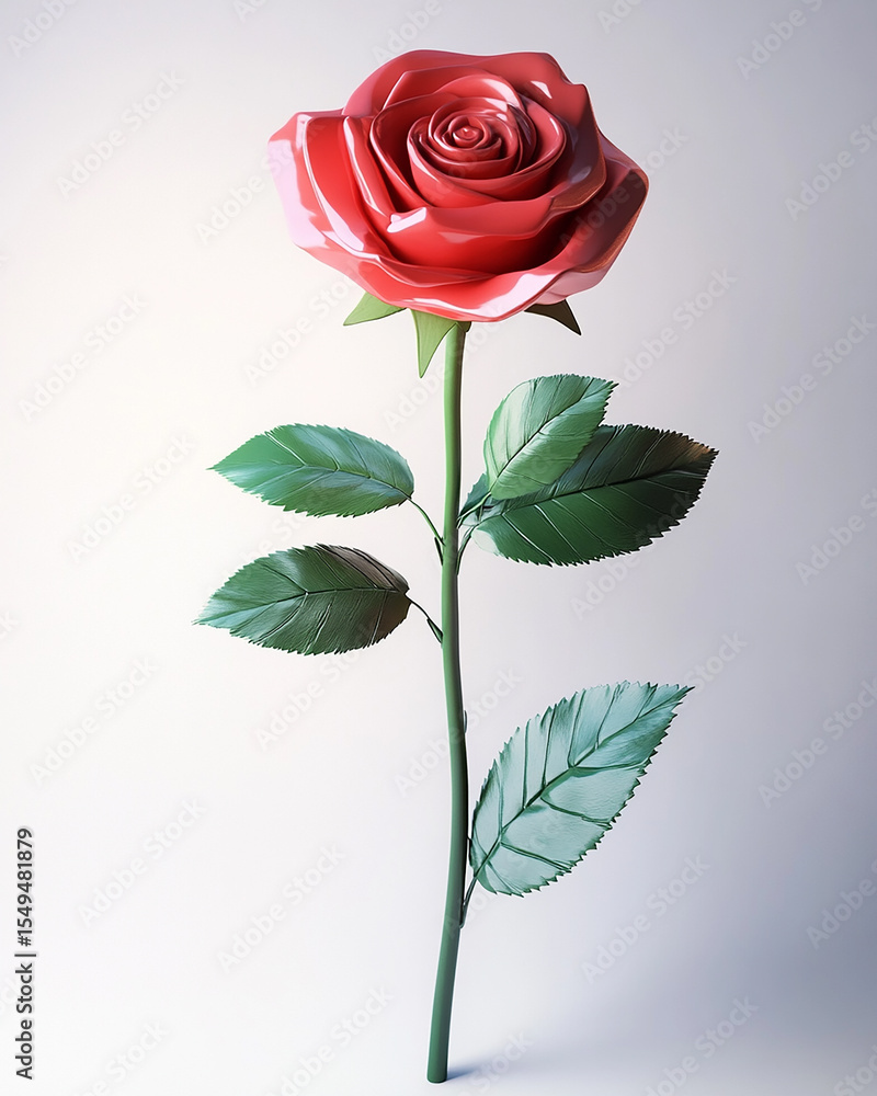 Fototapeta premium A single red rose with green leaves and stem on a plain background, close up view