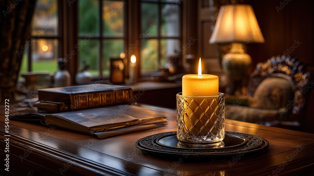 A lit candle in a glass holder on a wooden desk with an open book, set in a warm, cozy study room A lit candle in a glass holder on a wooden desk with an open book, set in a warm, cozy study room