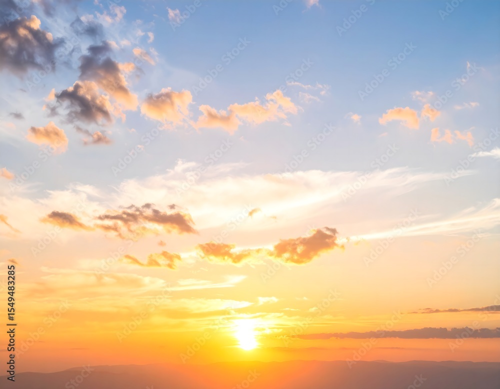 Obraz premium Sunset behind high-altitude clouds with blue sky and warm orange light, realistic AI-generated sky landscape