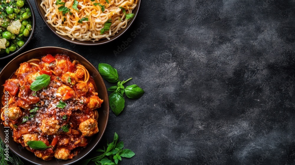 A rich Italian pasta dish featuring succulent pieces of chicken in a vibrant tomato sauce, garnished with fresh basil and an array of side dishes for a complete meal. A rich Italian pasta dish featuring succulent pieces of chicken in a vibrant tomato sauce, garnished with fresh basil and an array of side dishes for a complete meal.