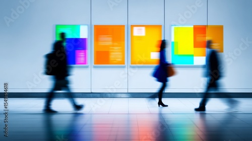 Dynamic indoor scene with three blurred figures walking past vibrant geometric posters featuring bold green, blue, orange, yellow, and pink hues on a light wall.