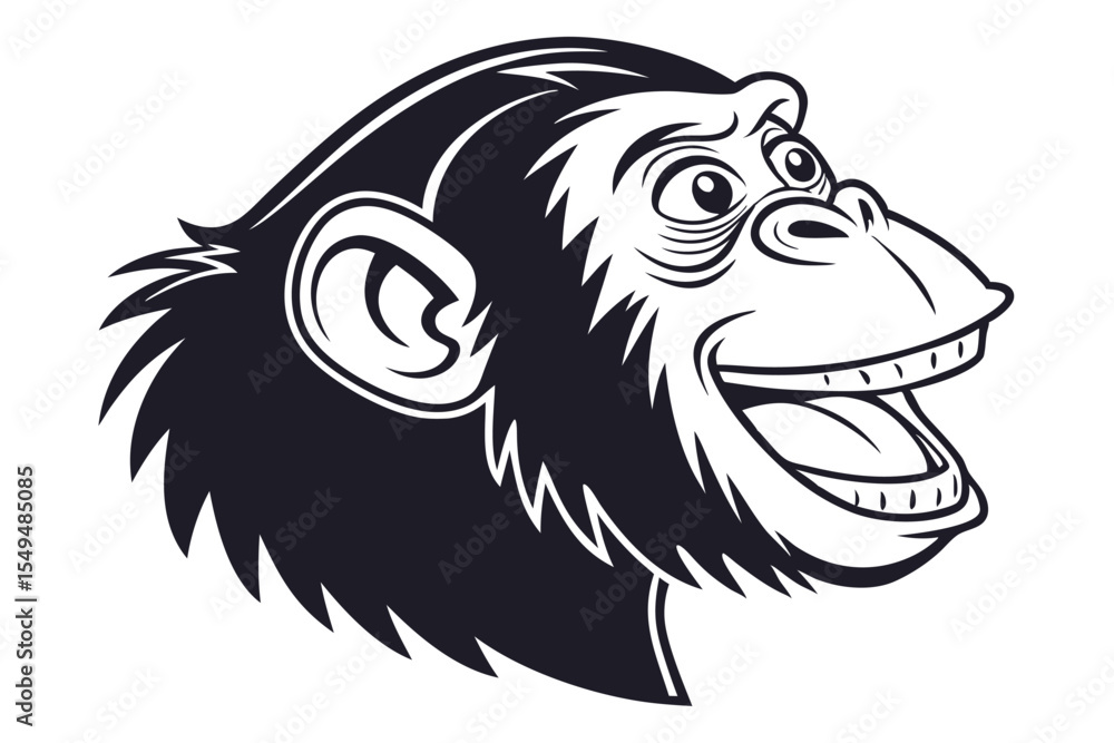 Fototapeta premium Monochrome art depicts a smiling chimpanzee with striking stylized fur and facial features