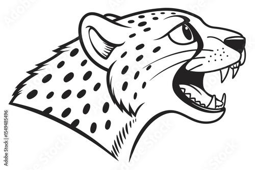 shows an angry cheetah roaring loudly with its sharp teeth clearly visible on white
