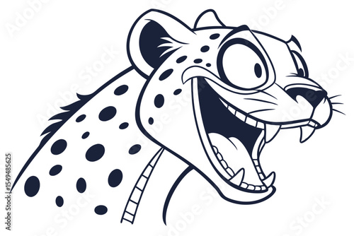 Outlined cartoon cheetah roars fiercely with a comical expression on its face
