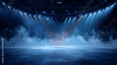 Dark blue ice rink with spotlights. Dark background for product presentation, night stage, concert, and show concept. 