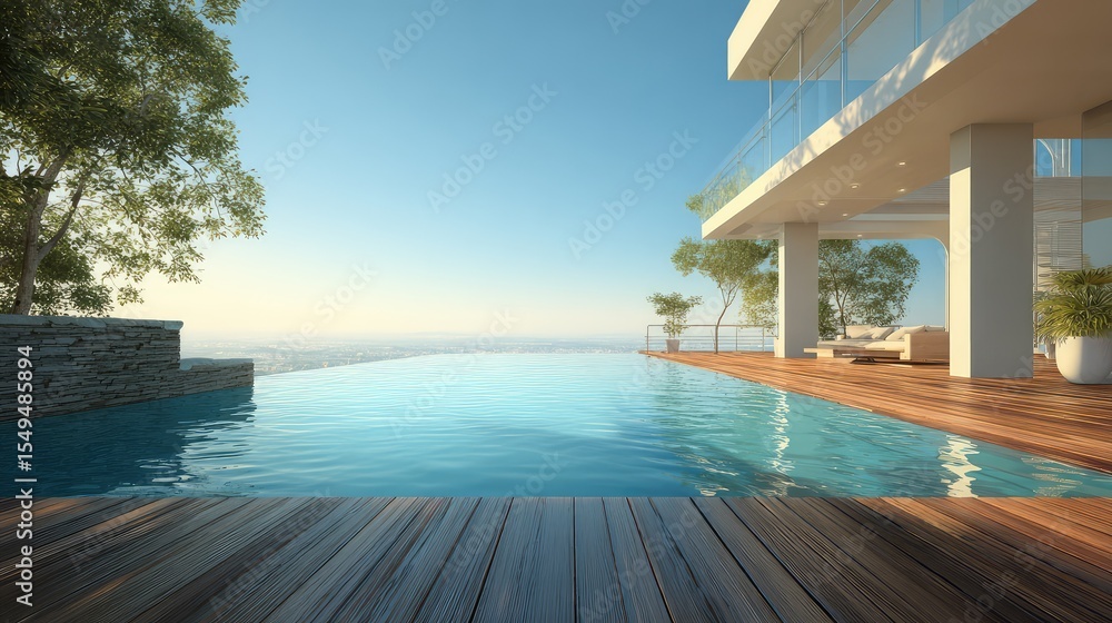 Fototapeta premium Serene Luxury Poolside View Overlooking the Horizon with Clear Blue Sky and Modern Architecture Surrounded by Lush Greenery and Tranquil Atmosphere