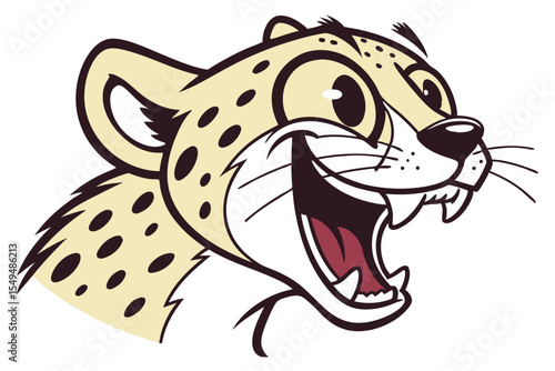 Spotted cartoon jaguar head shows its teeth while grinning widely in this bright illustration