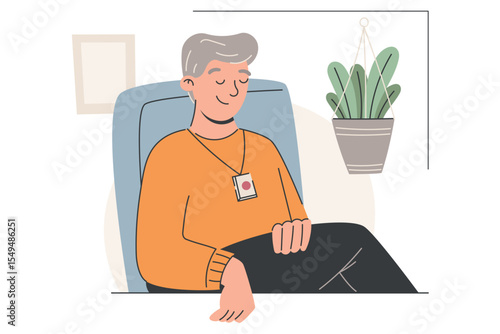 Vector flat illustration of a relaxed elderly man with pendant emergency button sitting in a chair. Ideal for senior care, health services, support system visuals, or retirement home promotion.