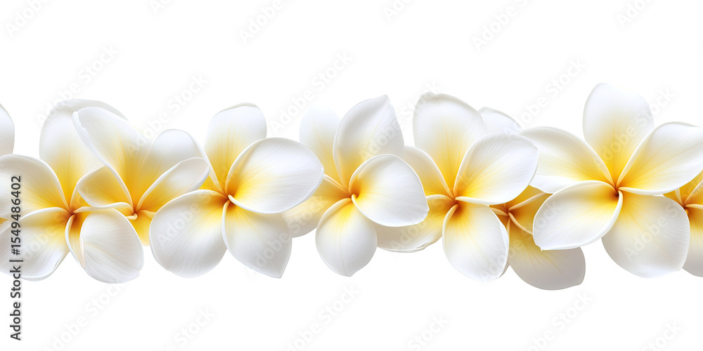 Fototapeta premium Horizontal garland of white plumeria blossoms with yellow centers
