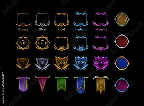 collection set of tier rank badge and border frame, with shield, banner flag, rounded shape in gold, silver, bronze, platinum, diamond and dragon tier