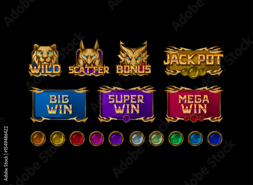 set of game slots with super win, jackpot, wild, scatter banner frame template in colorful golden ancient medieval theme