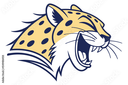 Illustrated jaguar head roars fiercely in sandy gold and navy with detailed line work