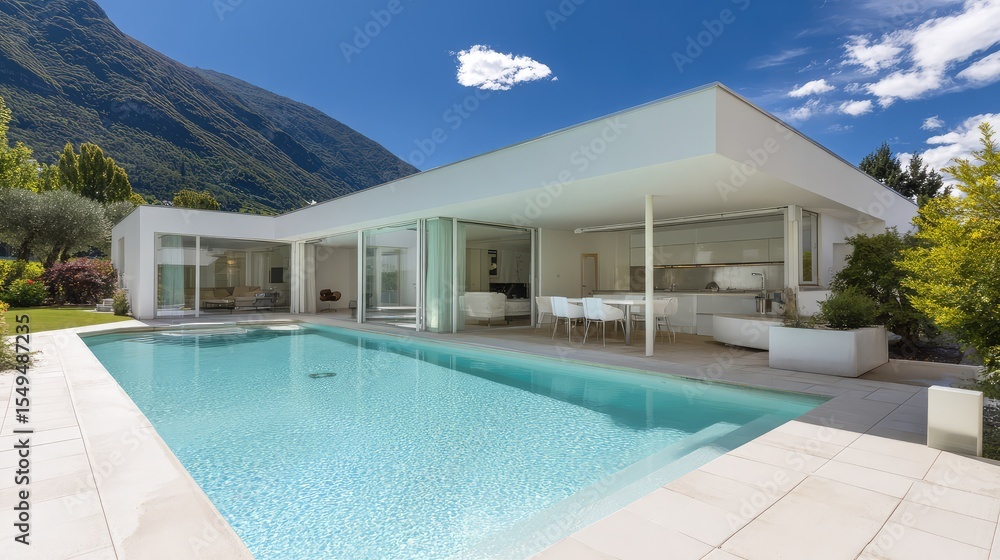 Fototapeta premium Modern Architectural Villa with Swimming Pool and Scenic Mountain View, Showcasing Open Spaces and Minimalist Design in Serene Outdoor Setting