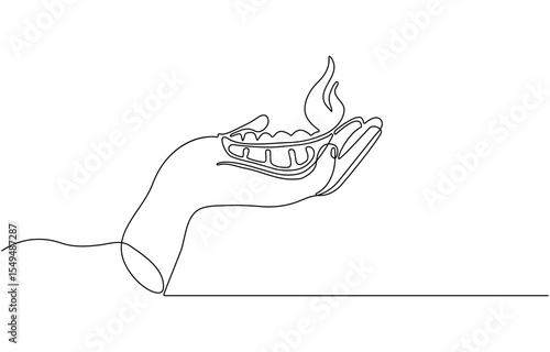 Continuous one line drawing of hand holding diya lamp light for Diwali celebration. Deepavali oil lamp line art vector design.