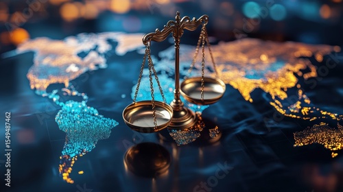 A golden balance scale stands on a world map highlighting continents with blue and orange lights, symbolizing global justice and equality.