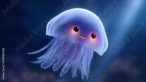 A cute bioluminescent jellyfish character with glowing eyes smiles in the deep blue ocean