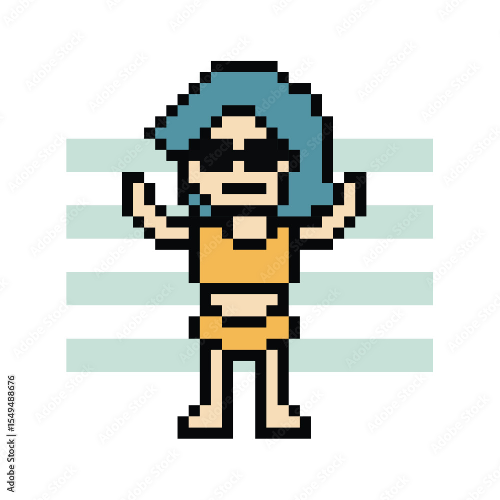 Obraz premium Pixel art cute cartoon two piece character woman bikini swimming suit game summer beach vacation decoration lifestyle female bikini 2 piece 8 bit holiday relax pixel art png 8bit vector.
