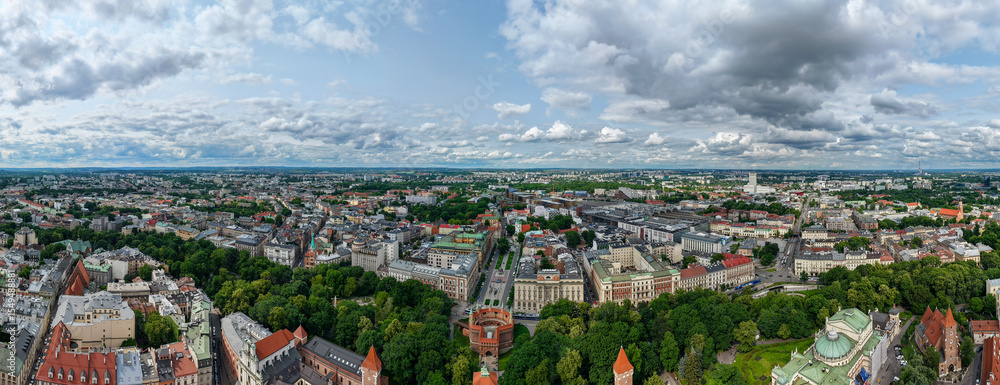 Naklejka premium Drone view at St.Florinan's gate and Barbican on Cracow in Poland