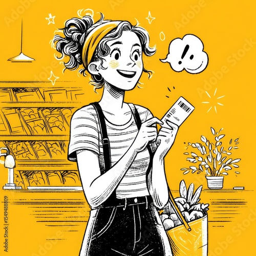 A happy customer using a coupon while shopping for groceries.