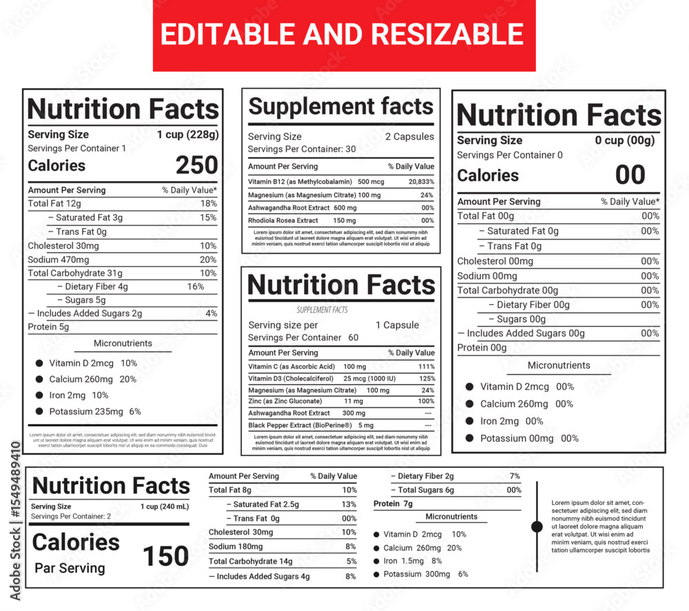 Naklejka premium The template of Nutrition facts, supplement facts, nutrition label, nutrition list.