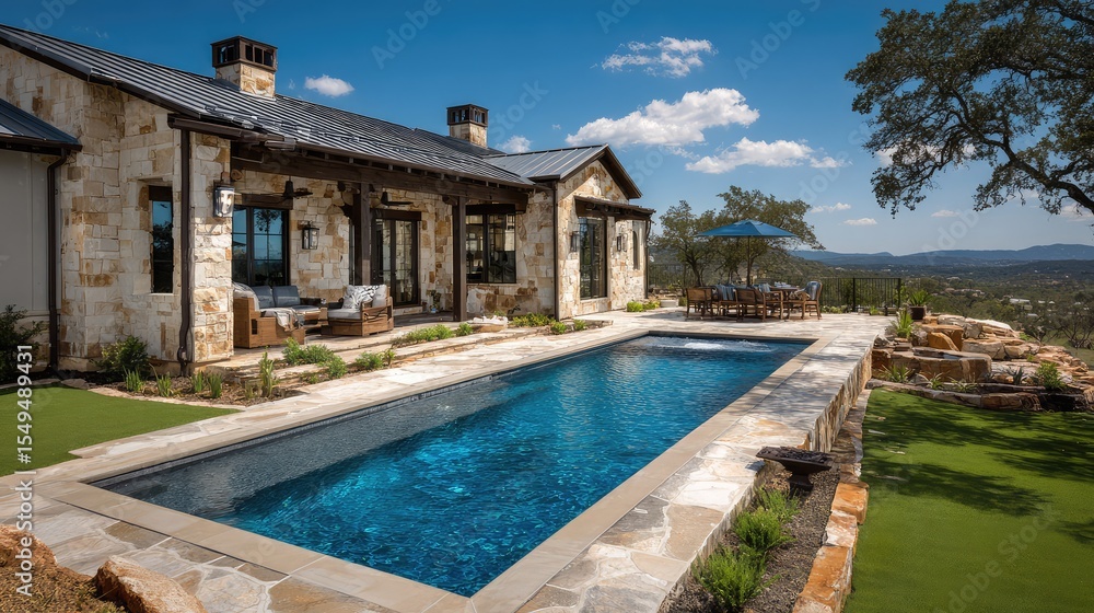 Fototapeta premium Modern luxury home with stunning outdoor swimming pool and beautiful landscape ideal for relaxation in serene natural surroundings under a bright blue sky