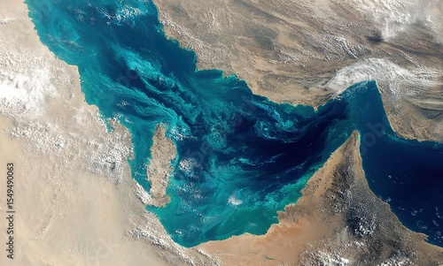 Satellite view of the Strait of Hormuz, a strategic maritime route for global oil trade in the Middle East, representing the concepts of energy, geopolitics, shipping, and economics.