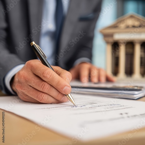 A person signing loan documents at a bank office.