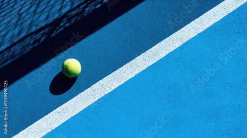 A Close-Up of a Bright Yellow Tennis Ball on a Blue Court, Capturing Shadows and Lines with Vibrant Colors for Sports and Recreational Themes