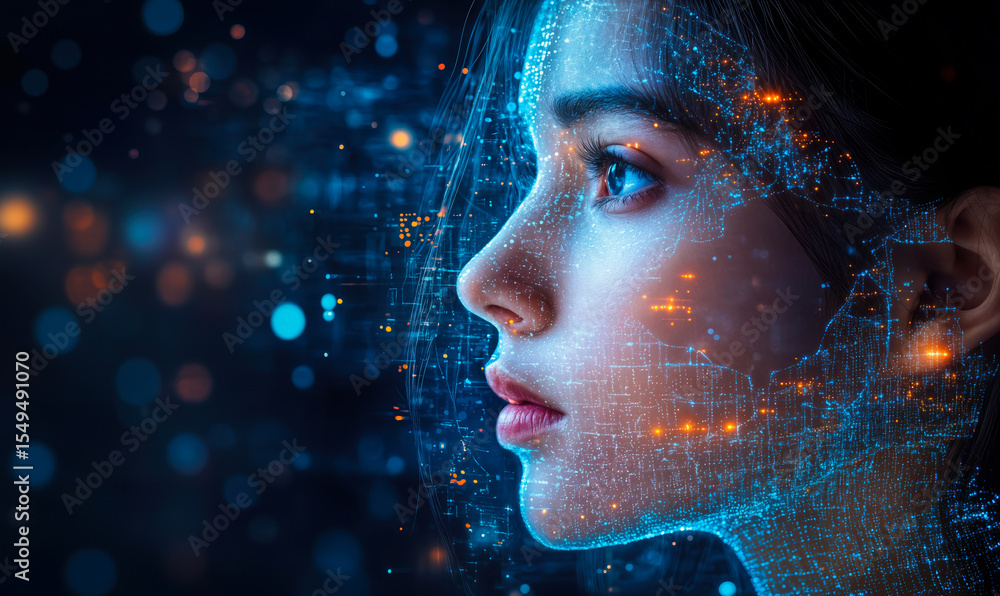 Close-up profile of young woman with digital holographic interface, futuristic technology concept with data visualization and artificial intelligence effects in blue and orange lights Close-up profile of young woman with digital holographic interface, futuristic technology concept with data visualization and artificial intelligence effects in blue and orange lights