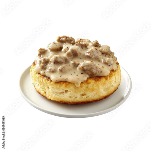 Delicious Sausage Gravy Biscuit on White Plate
