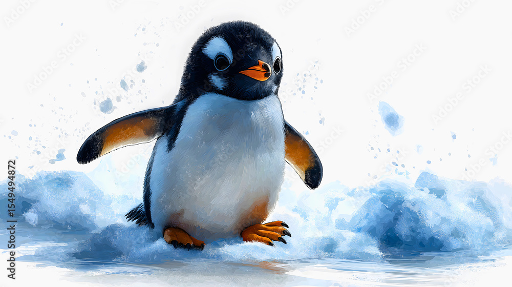 Fototapeta premium Playful Penguin on Ice: A charming penguin joyfully navigates a snowy landscape. This delightful image captures the essence of arctic adventure and wildlife wonder. 