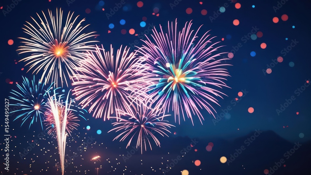 Naklejka premium Colorful fireworks burst against a dark night sky.
