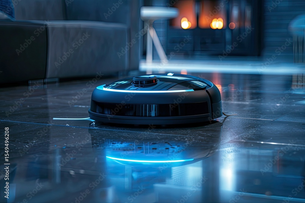 high quality image of AI Robotic Vacuum Cleaning Living Room high quality image of AI Robotic Vacuum Cleaning Living Room
