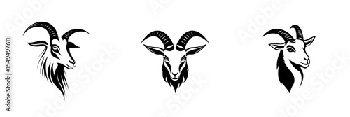 Black icons of goat heads featuring distinct designs and styles suitable for various artistic and branding projects