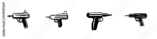 Set of black icons featuring various styles of toy and artistic guns in a minimalistic design