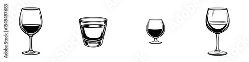 Set of black icons representing different types of drinkware including wine glasses and shot glasses