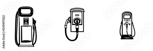 Set of black fuel pump icons designed for various uses in transportation and energy-related themes