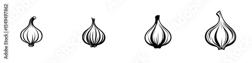 Set of black garlic icons illustrating various forms and stages on a white background