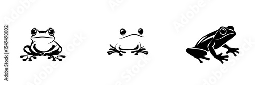 Black icon design showcasing three different frogs in a minimalist style
