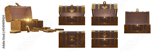 Open old wooden treasure chest box gold metal edge full with gold bars and set of box closed to open  empty front view 3D rendering