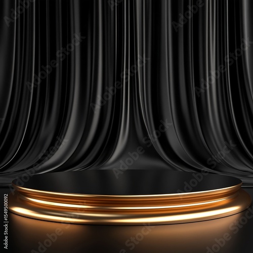 Black Podium with Gold Trim Against Elegant Draped Curtains Background. Generative AI