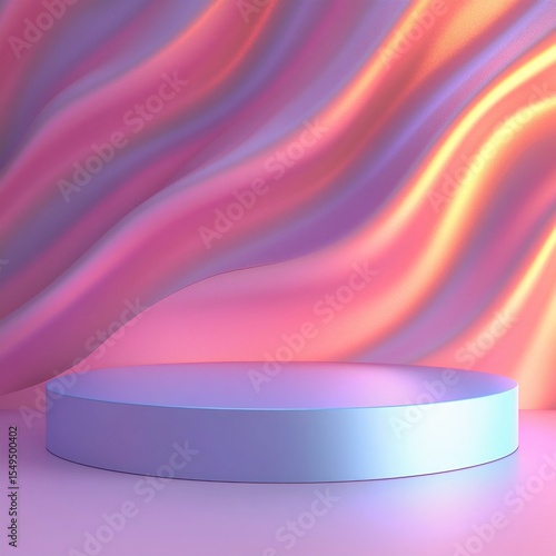 Purple cylindrical podium on vibrant gradient background with pink and orange waves. Generative AI