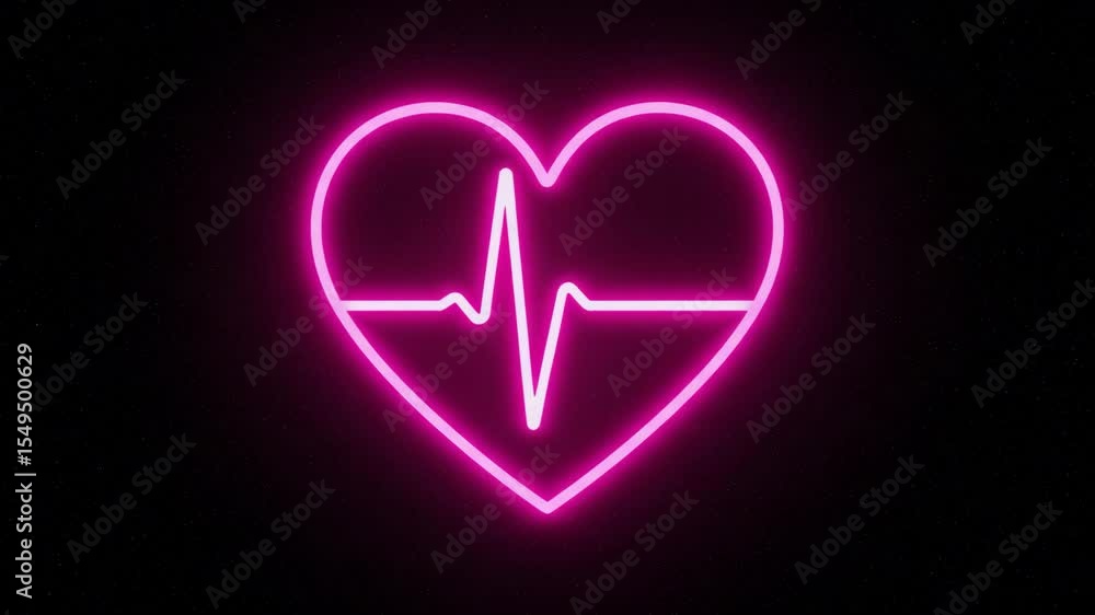 Neon pink heart with heartbeat line on black background  