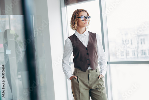 Obraz na plátně Successful businesswoman in formal attire standing in a bright office with large