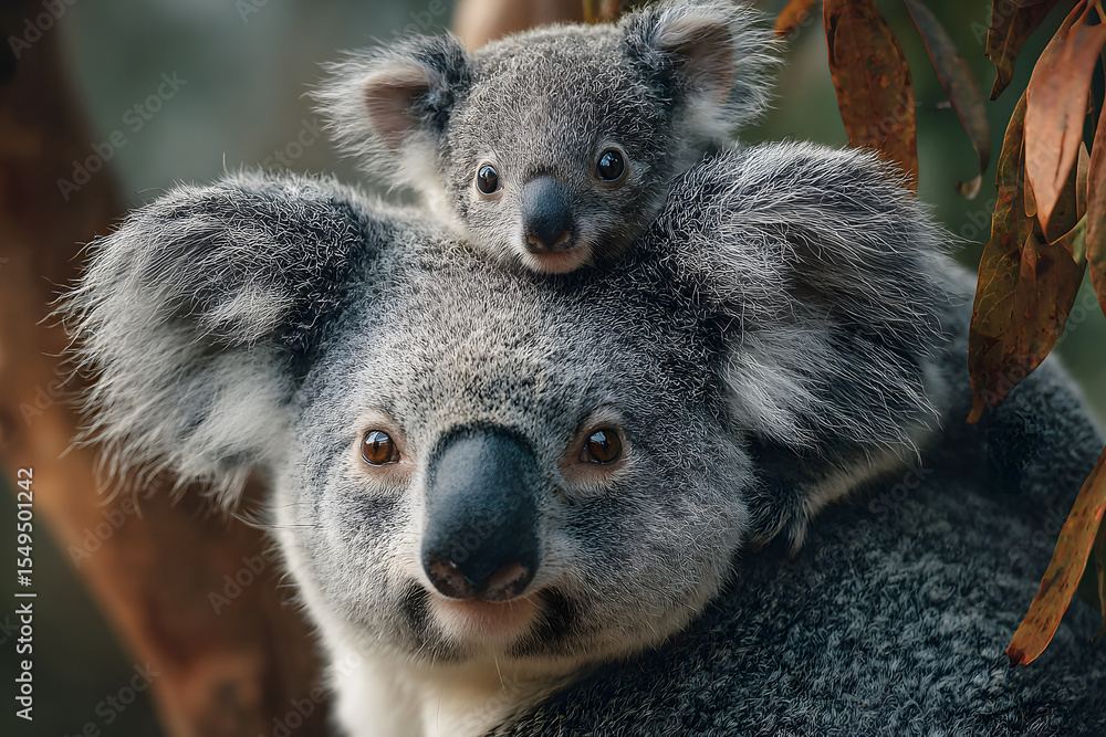 Fototapeta premium Mother koala with baby on her back