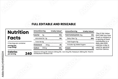 Label nutrition Facts,Food information with daily value.vector,package teplaate. data table ingredients calorie,fat,sugar,cholesteroo.tabular formeat.flat illustration isolated.layout design