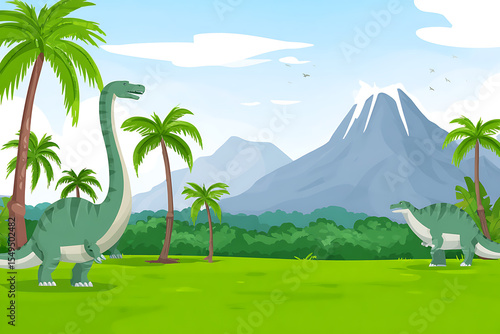 Cartoon dinosaurs in a prehistoric landscape