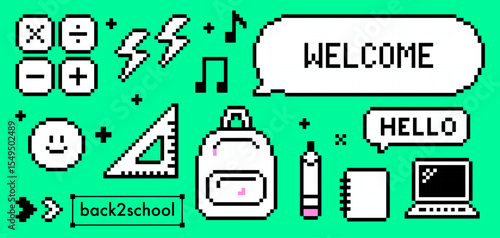 Back to school supplies pixelated icons on green background. Retro game 8 bit pixel art education icon set. Backpack icon, laptop, music notes, pencil and notebook. Speech bubble text Welcome, Hello