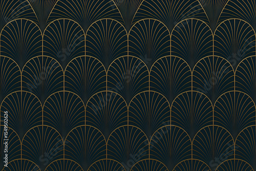 Elegant Art Deco Seamless Pattern with Thin Gold Lines on Dark Background for Luxury Design, Interior, Invitation or Retro-Inspired Branding